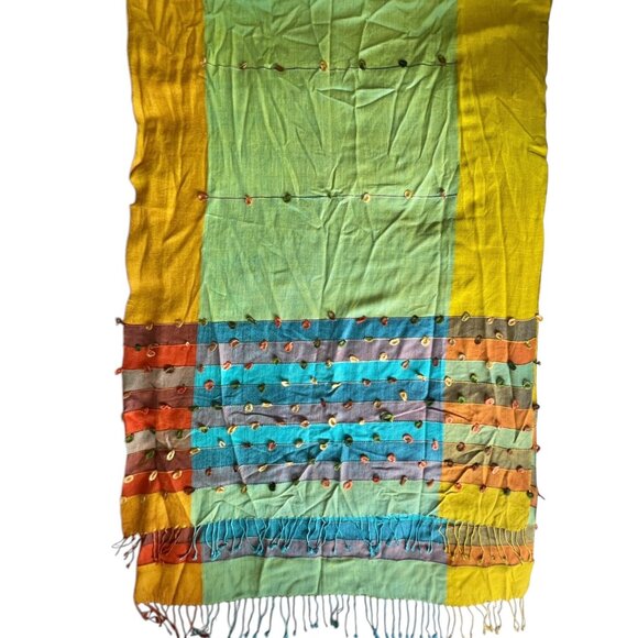 Multicolor Handwoven Cotton Scarf With Embellished Loops & Tassels - Picture 6 of 10